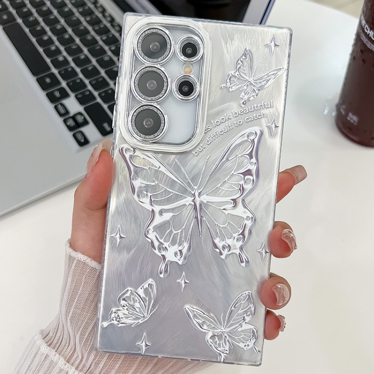 

For Samsung Galaxy S25 Ultra 5G Plating Texture Butterfly TPU Phone Case with Glitter Lens Film(Silver Butterflies HU6)