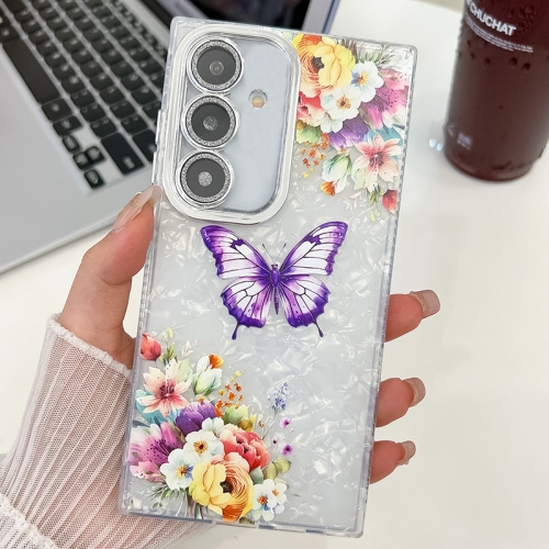 

For Samsung Galaxy A36 Plating Texture Butterfly TPU Phone Case with Glitter Lens Film(Flowers Butterflies HU1)