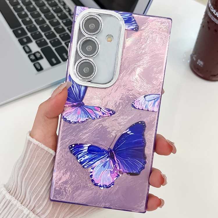 

For Samsung Galaxy S24 FE 5G Plating Texture Butterfly TPU Phone Case with Glitter Lens Film(Purple Butterflies HU4)