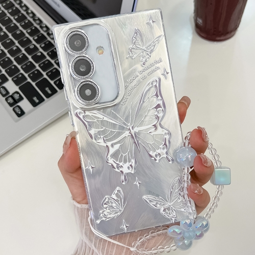 

For Samsung Galaxy S25 5G Plating Texture Butterfly Wristband TPU Phone Case with Glitter Lens Film(Silver Butterflies HU6)