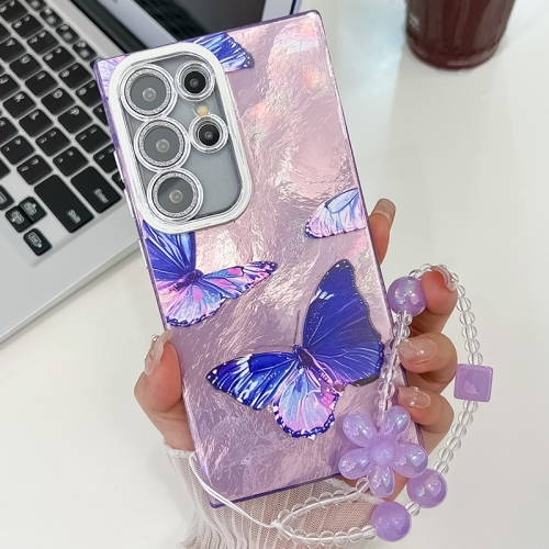 

For Samsung Galaxy S23 Ultra 5G Plating Texture Butterfly Wristband TPU Phone Case with Glitter Lens Film(Purple Butterflies HU4)