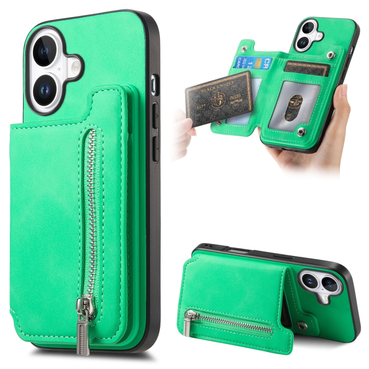 

For iPhone 16 Plus Retro MagSafe Zipper Wallet Card Bag Back Phone Case(Green)