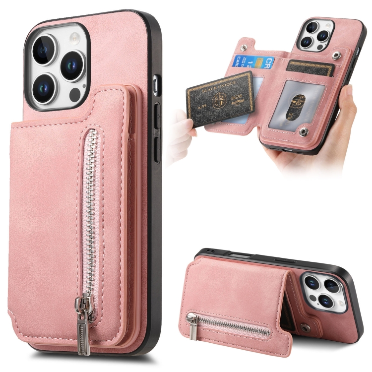 

For iPhone 15 Pro max Retro MagSafe Zipper Wallet Card Bag Back Phone Case(Pink)