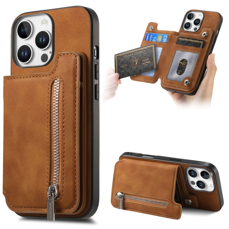 

For iPhone 15 Pro Retro MagSafe Zipper Wallet Card Bag Back Phone Case(Brown)