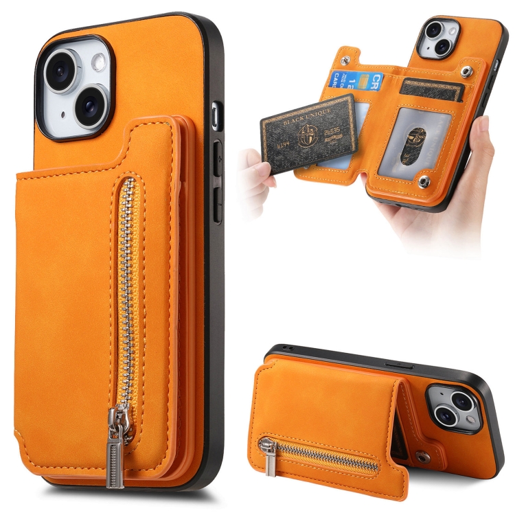 

For iPhone 15 Retro MagSafe Zipper Wallet Card Bag Back Phone Case(Yellow)