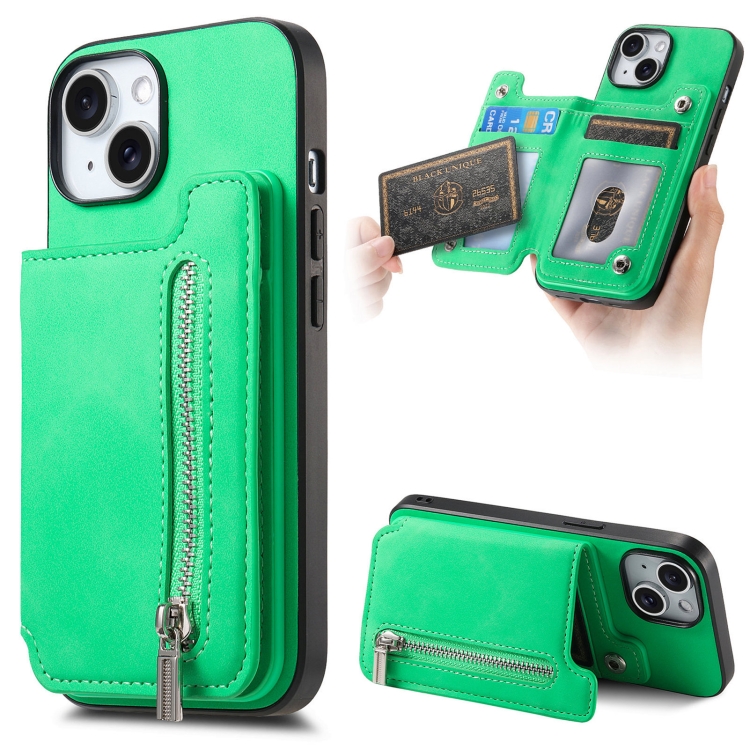 

For iPhone 14 Plus Retro MagSafe Zipper Wallet Card Bag Back Phone Case(Green)