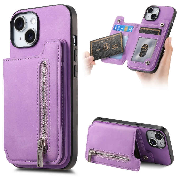 

For iPhone 14 Retro MagSafe Zipper Wallet Card Bag Back Phone Case(Purple)