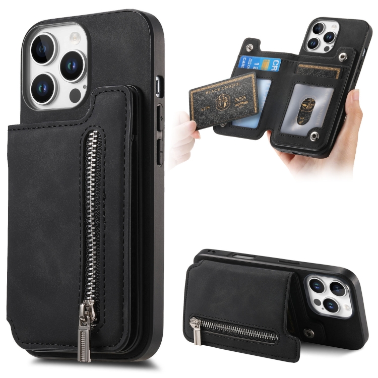 

For iPhone 14 Pro Max Retro MagSafe Zipper Wallet Card Bag Back Phone Case(Black)