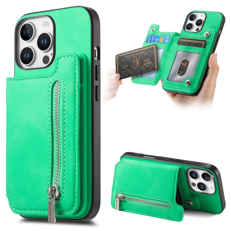 

For iPhone 13 Pro Max Retro MagSafe Zipper Wallet Card Bag Back Phone Case(Green)