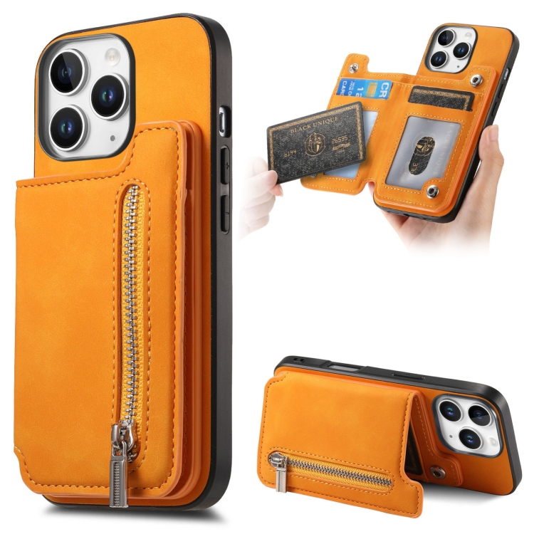 

For iPhone 11 Pro Max Retro MagSafe Zipper Wallet Card Bag Back Phone Case(Yellow)