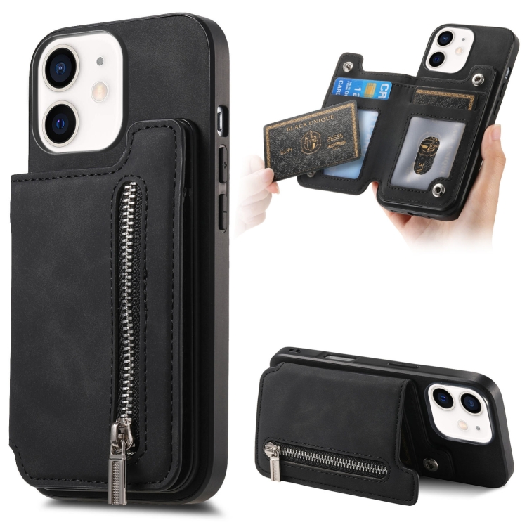 

For iPhone 11 Retro MagSafe Zipper Wallet Card Bag Back Phone Case(Black)