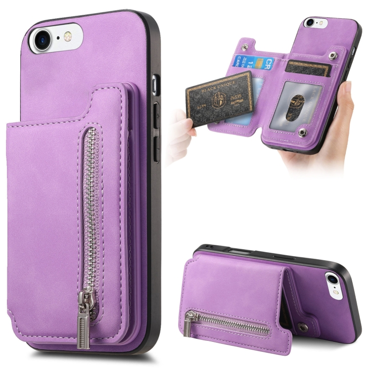 

For iPhone 7 / 8 / SE 2022 Retro MagSafe Zipper Wallet Card Bag Back Phone Case(Purple)