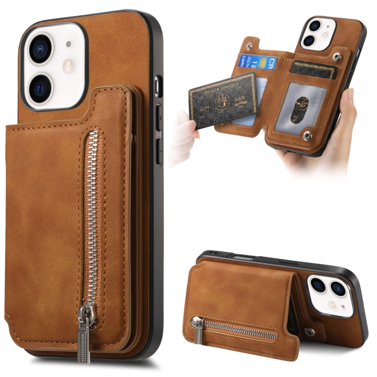 

For iPhone 12 / 12 Pro Retro MagSafe Zipper Wallet Card Bag Back Phone Case(Brown)