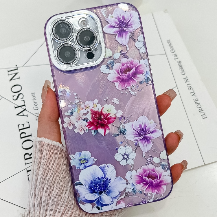 

For iPhone 16 Pro Electroplating Flowers Plants Texture TPU Phone Case(Purple Flowers FL1)