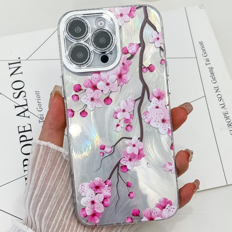 

For iPhone 16 Pro Electroplating Flowers Plants Texture TPU Phone Case(Plum Flower FL6)