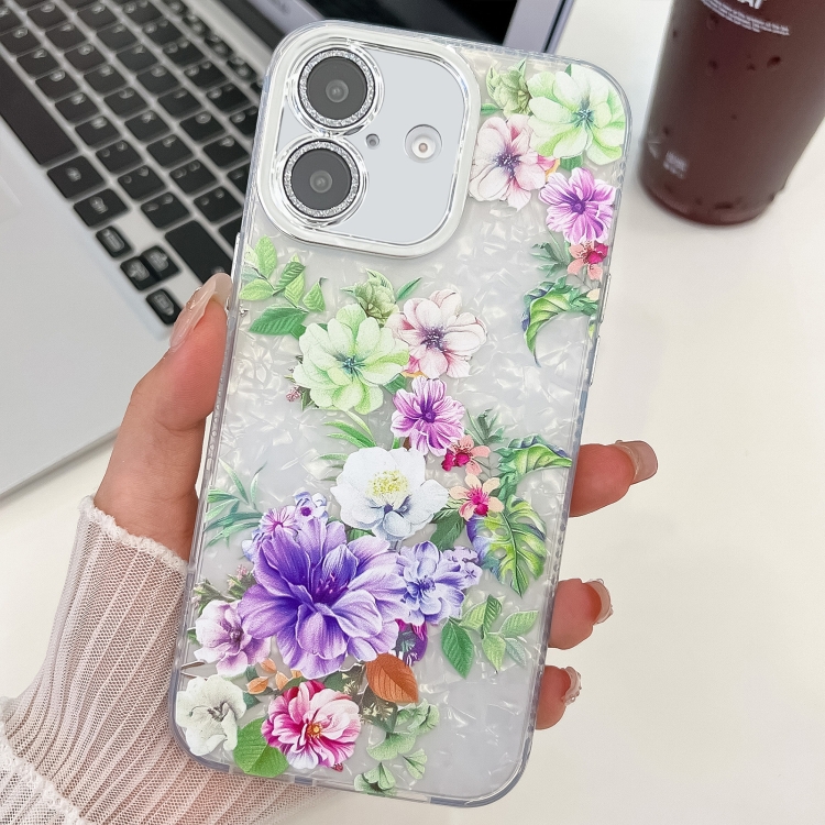 

For iPhone 16 Plus Electroplating Flowers Plants Texture TPU Phone Case(Colorful Peony FL10)
