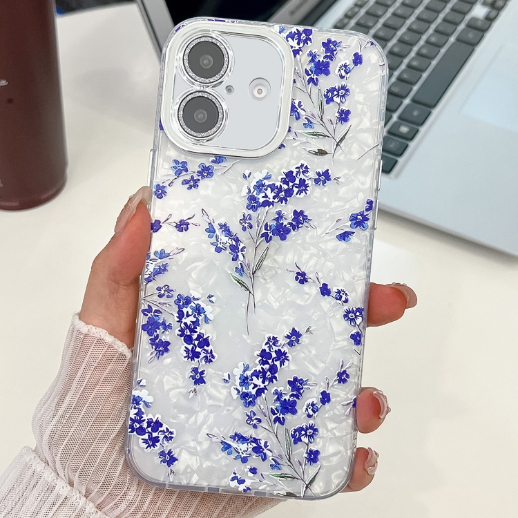 

For iPhone 16 Plus Electroplating Flowers Plants Texture TPU Phone Case(Blue Flower FL13)