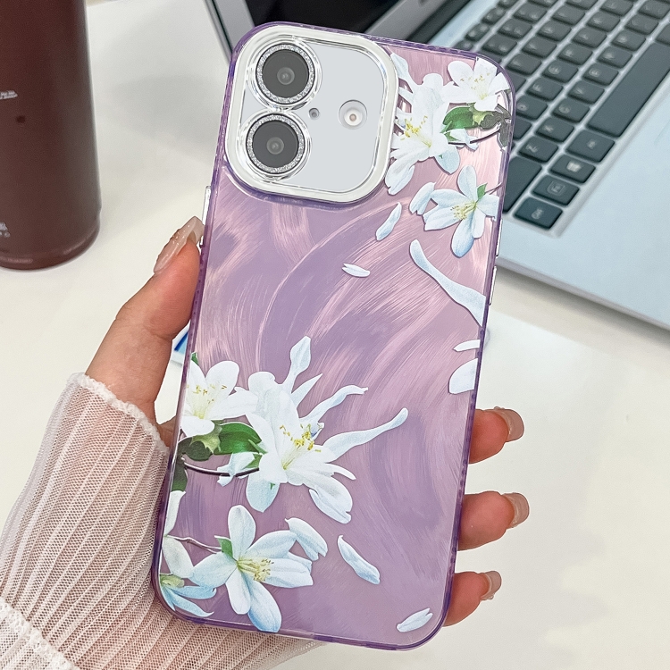 

For iPhone 16 Plus Electroplating Flowers Plants Texture TPU Phone Case(Gardenia FL15)