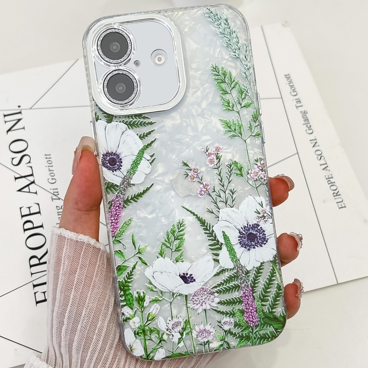 

For iPhone 16 Electroplating Flowers Plants Texture TPU Phone Case(Green Plants FL5)