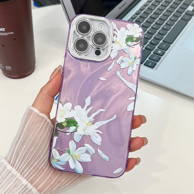 

For iPhone 15 Pro Electroplating Flowers Plants Texture TPU Phone Case(Gardenia FL15)