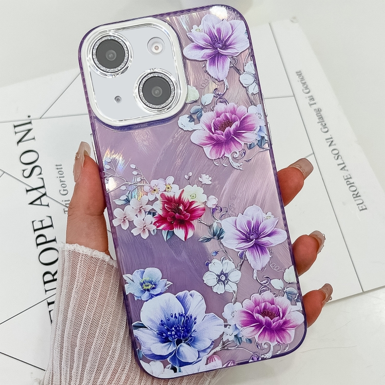 

For iPhone 14 Electroplating Flowers Plants Texture TPU Phone Case(Purple Flowers FL1)