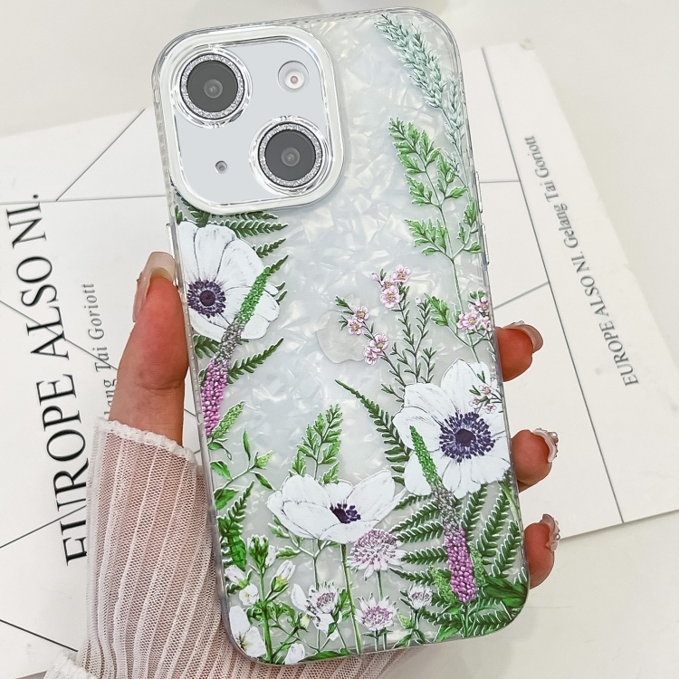 

For iPhone 14 Electroplating Flowers Plants Texture TPU Phone Case(Green Plants FL5)