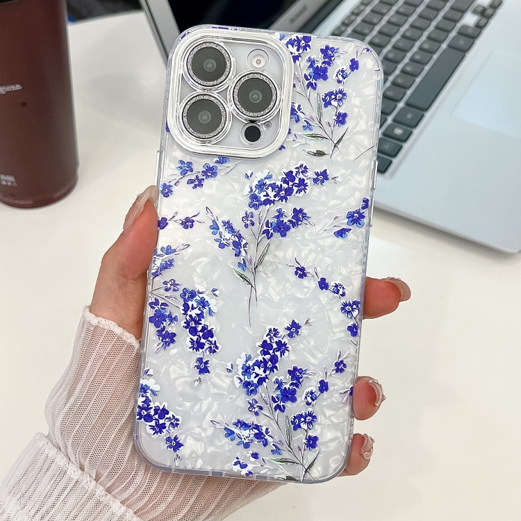 

For iPhone 13 Pro Electroplating Flowers Plants Texture TPU Phone Case(Blue Flower FL13)