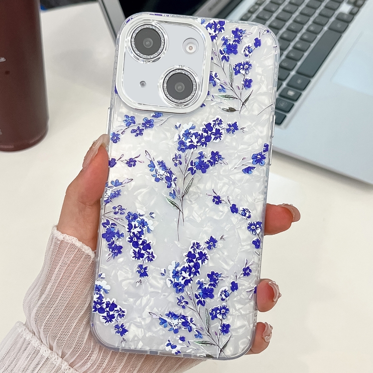 

For iPhone 13 Electroplating Flowers Plants Texture TPU Phone Case(Blue Flower FL13)