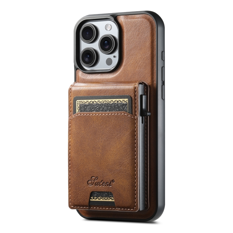 

For iPhone 15 Pro Max Suteni H19 Oil Wax 2-in-1 MagSafe Removable Card Box Back Phone Case(Brown)