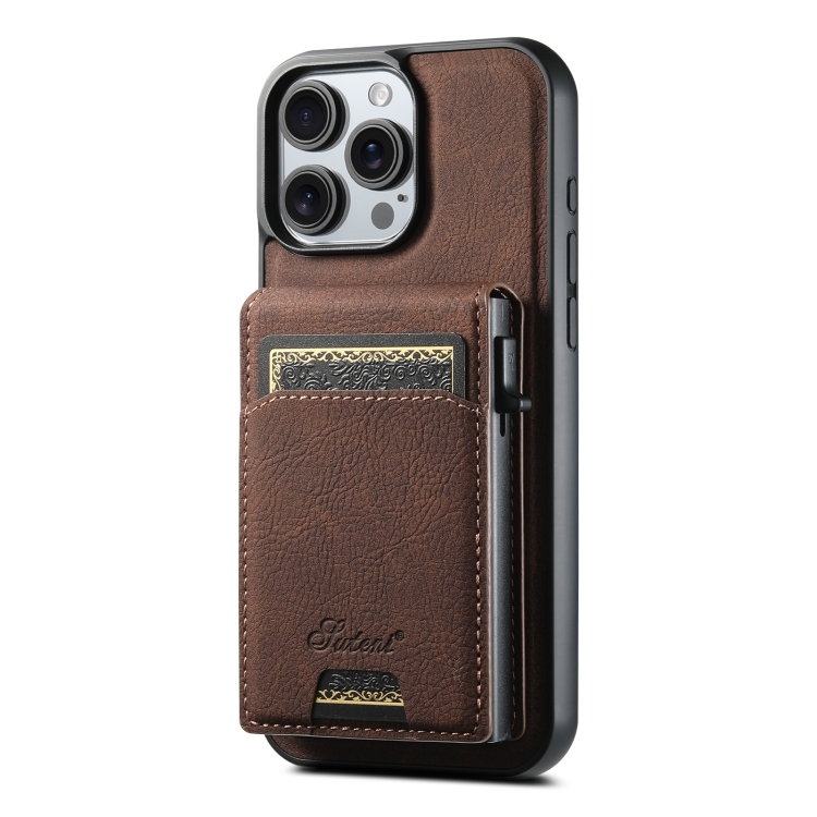 

For iPhone 16 Pro Suteni H19 Litchi Grain 2-in-1 MagSafe Removable Card Box Back Phone Case(Brown)
