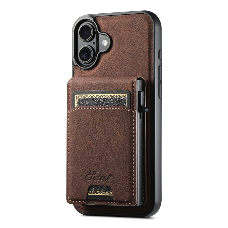 

For iPhone 16 Plus Suteni H19 Litchi Grain 2-in-1 MagSafe Removable Card Box Back Phone Case(Brown)