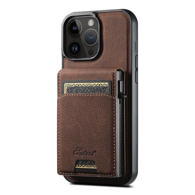 

For iPhone 14 Pro Suteni H19 Litchi Grain 2-in-1 MagSafe Removable Card Box Back Phone Case(Brown)