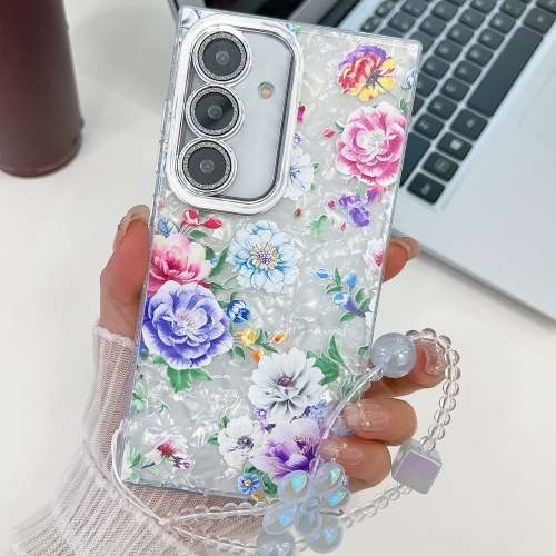 For Samsung Galaxy S25 5G Electroplating Flowers Plants Texture Wristband TPU Phone Case(Peony FL14)