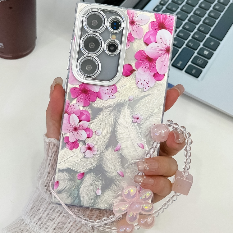 

For Samsung Galaxy S25 Ultra 5G Electroplating Flowers Plants Texture Wristband TPU Phone Case(Peach Blossom FL18)