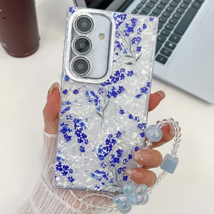 

For Samsung Galaxy S24 FE 5G Electroplating Flowers Plants Texture Wristband TPU Phone Case(Blue Flower FL13)