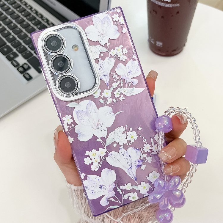 

For Samsung Galaxy S24+ 5G Electroplating Flowers Plants Texture Wristband TPU Phone Case(Pale Purple FlowerFL11)