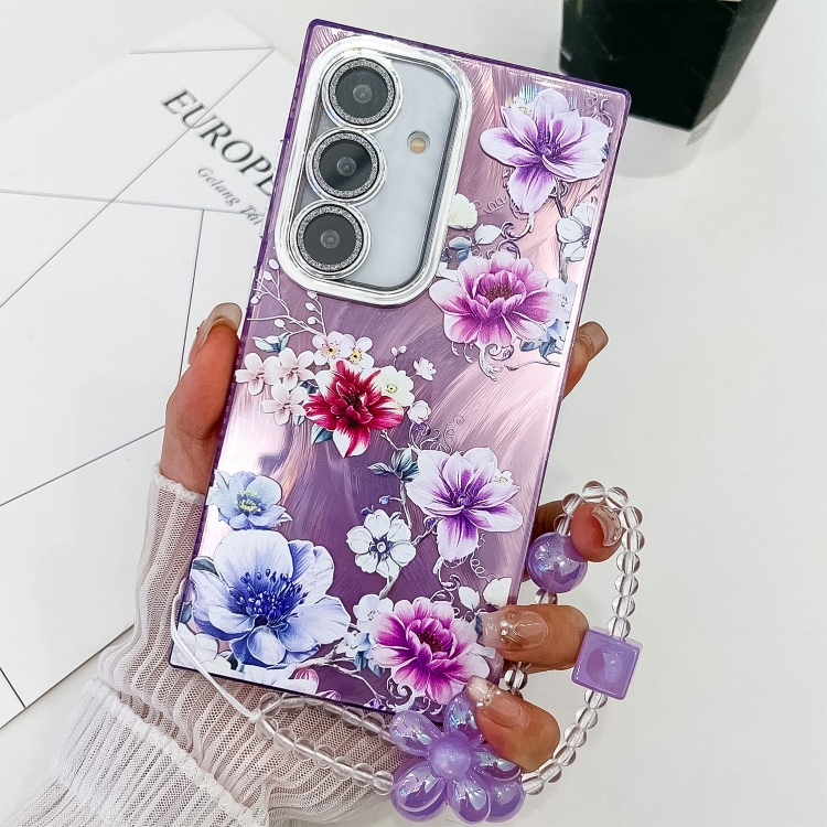 

For Samsung Galaxy S24 5G Electroplating Flowers Plants Texture Wristband TPU Phone Case(Purple Flowers FL1)