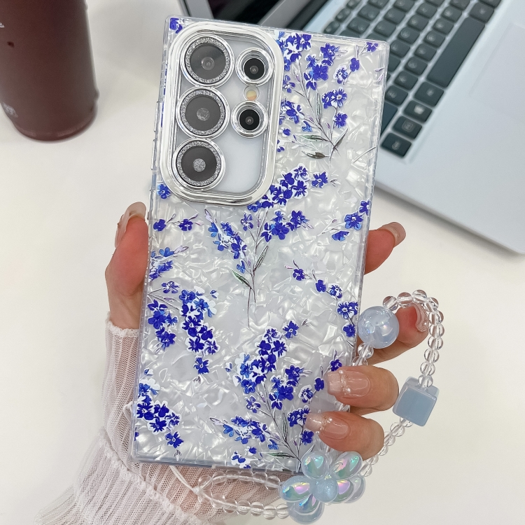 

For Samsung Galaxy S23 Ultra 5G Electroplating Flowers Plants Texture Wristband TPU Phone Case(Blue Flower FL13)