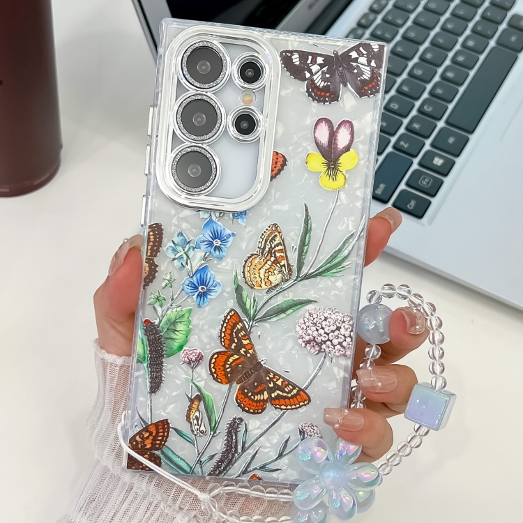 

For Samsung Galaxy S23 Ultra 5G Electroplating Flowers Plants Texture Wristband TPU Phone Case(Butterfly Love Flower FL17)