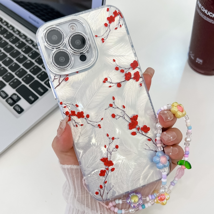 

For iPhone 16 Pro Max Electroplating Flower Texture Wristband TPU Phone Case(Red Plum Blossom SH2)