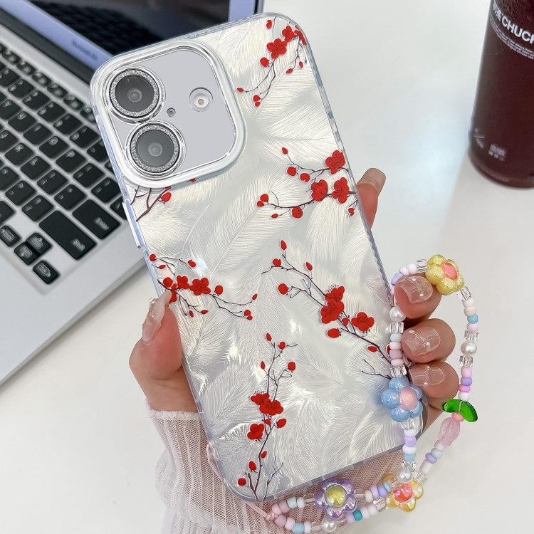 

For iPhone 16 Electroplating Flower Texture Wristband TPU Phone Case(Red Plum Blossom SH2)