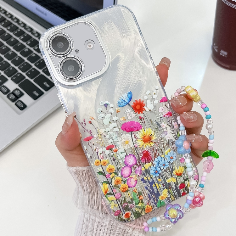 

For iPhone 16 Electroplating Flower Texture Wristband TPU Phone Case(Flowers SH4)