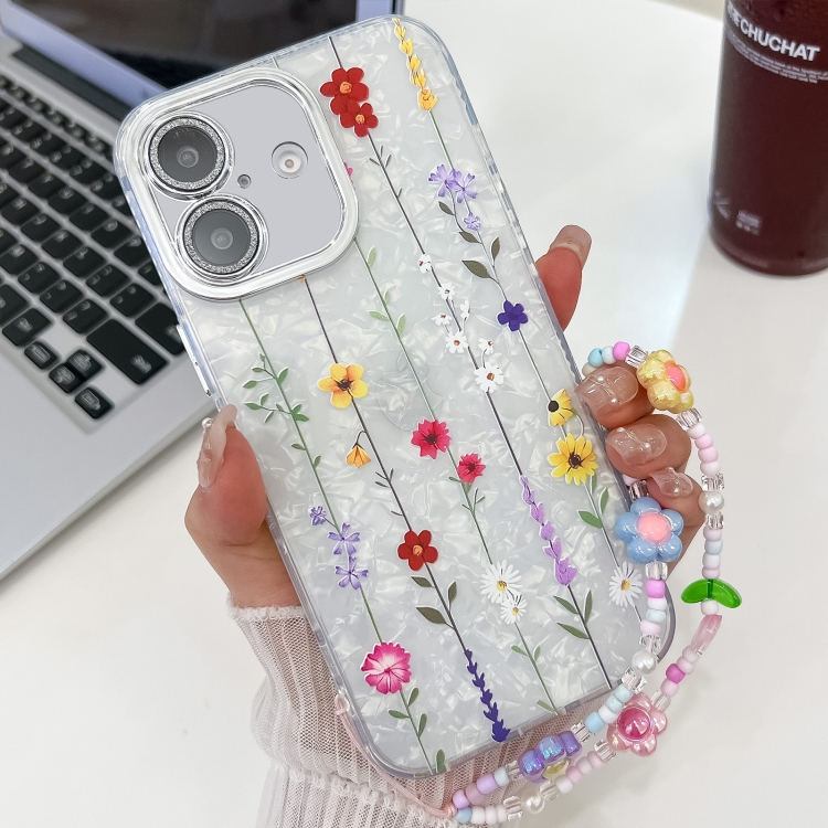 

For iPhone 16 Electroplating Flower Texture Wristband TPU Phone Case(Yellow Wildflower SH6)
