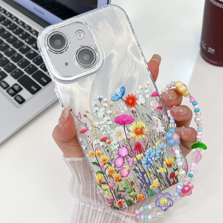 

For iPhone 14 Electroplating Flower Texture Wristband TPU Phone Case(Flowers SH4)