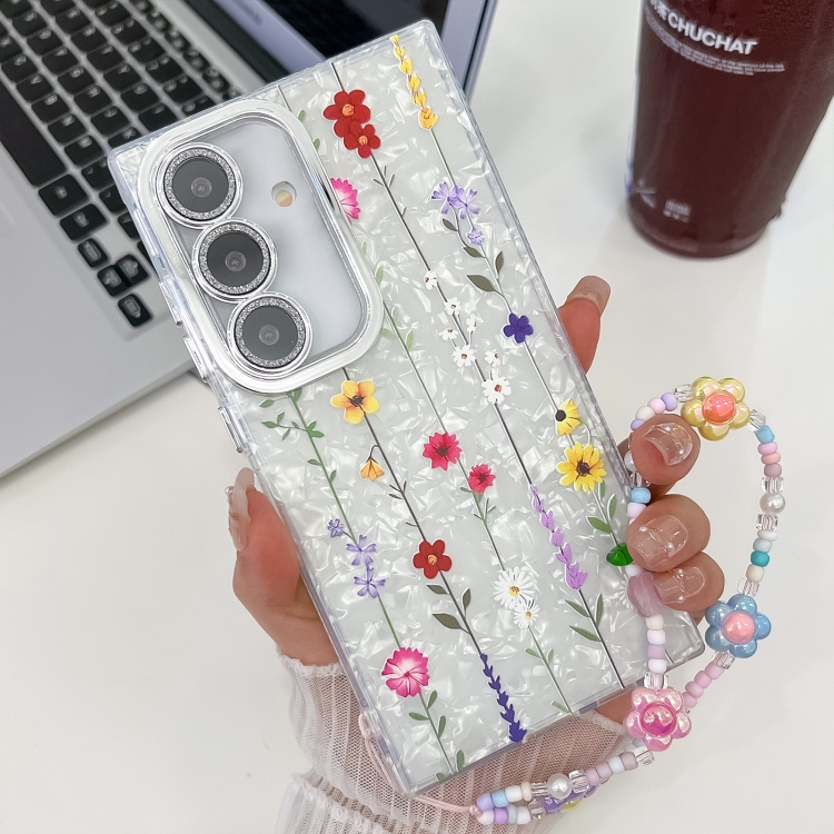 

For Samsung Galaxy S25+ 5G Electroplating Flower Texture Wristband TPU Phone Case(Yellow Wildflower SH6)