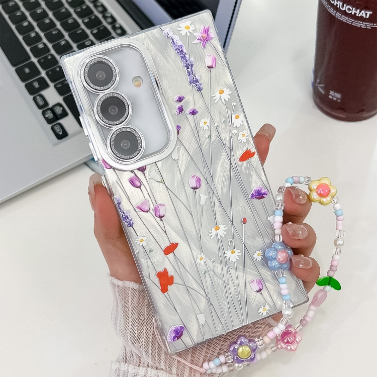 

For Samsung Galaxy S24+ 5G Electroplating Flower Texture Wristband TPU Phone Case(Purple Wildflowers SH1)