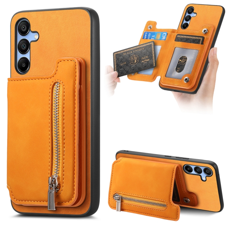 

For Samsung Galaxy S25 5G Retro MagSafe Zipper Wallet Card Bag Back Phone Case(Yellow)
