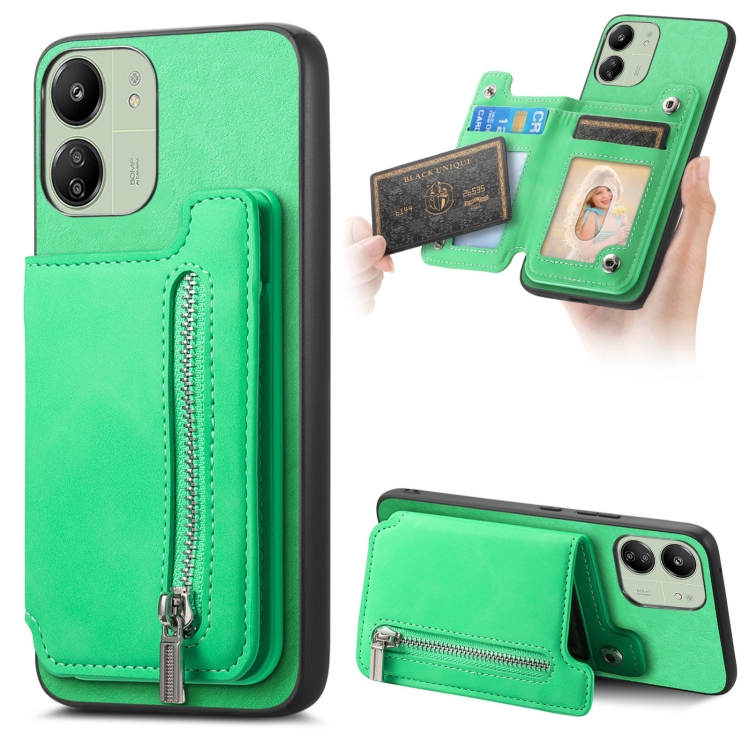 

For Redmi 13C / Poco C65 / M6 Retro MagSafe Zipper Wallet Card Bag Back Phone Case(Green)