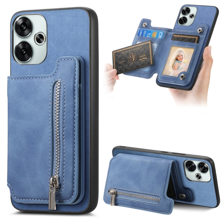 

For Redmi Turbo 3 5G Retro MagSafe Zipper Wallet Card Bag Back Phone Case(Blue)