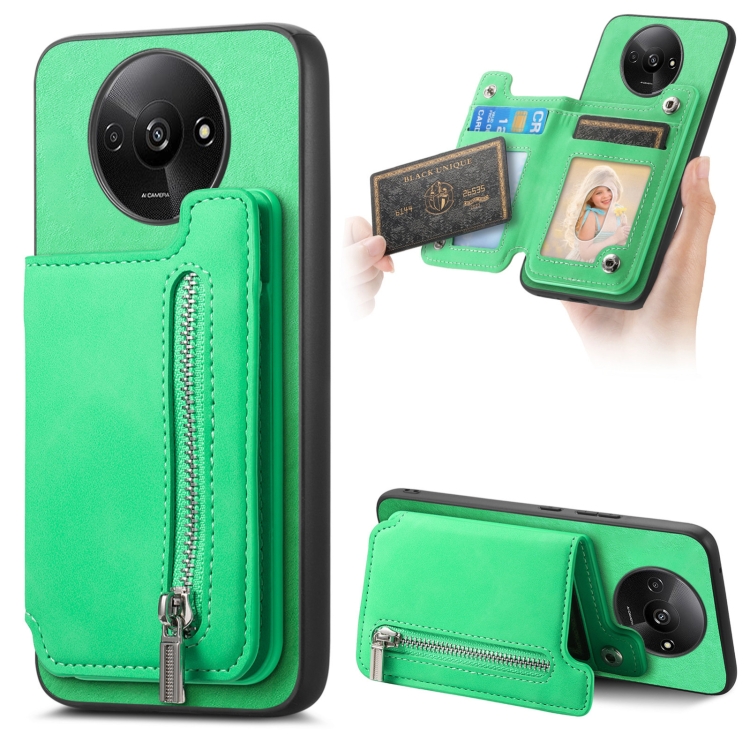 

For Redmi A3 Retro MagSafe Zipper Wallet Card Bag Back Phone Case(Green)